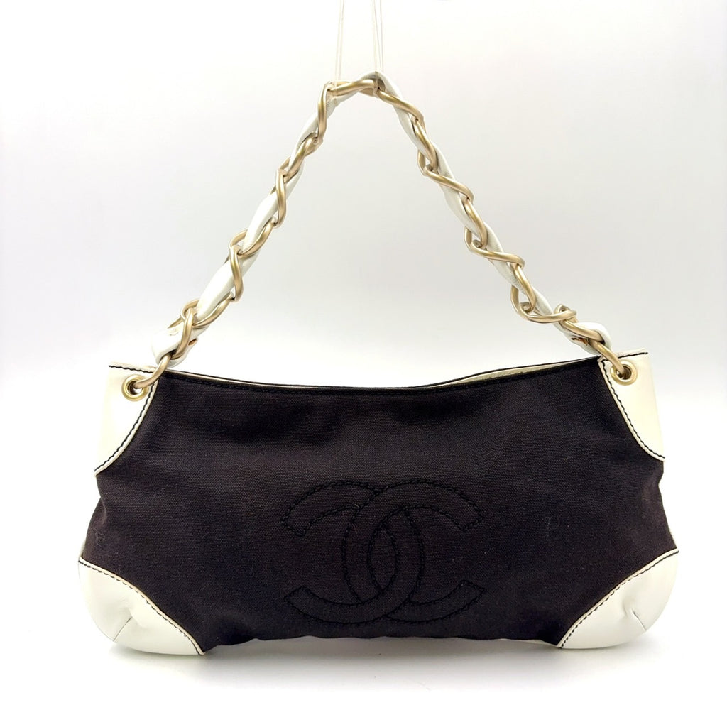 coco様 coco mark chain one shoulder bag black white Leather Canvas