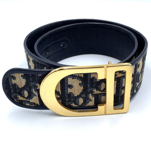 Pre-Owned Trotter belt Navy Leather Canvas Gold Christian Dior